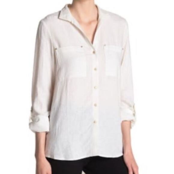 JONES NEW YORK SIGNATURE White Sheer Long Roll Sleeves Blouse S - Picture 1 of 10